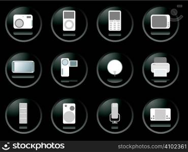 A collection of twelve electronic gadgets buttons in black