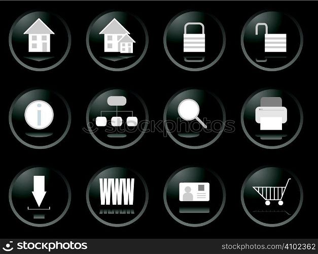 A collection of twelve web buttons in black with reflections