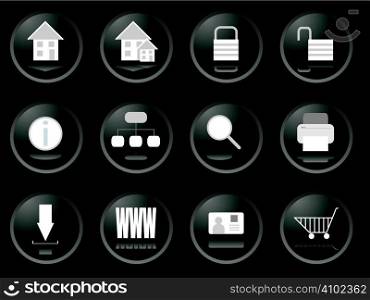 A collection of twelve web buttons in black with reflections