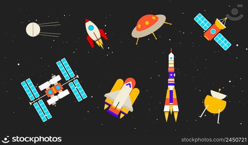 A collection of various spaceships. Space, starry sky background. Flat vector illustration isolated on black background.. A collection of various spaceships on the starry sky background. Flat vector illustration isolated on black