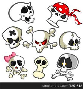 A collection of vector cartoon skulls in various styles. Skull icons. Halloween elements for party decoration