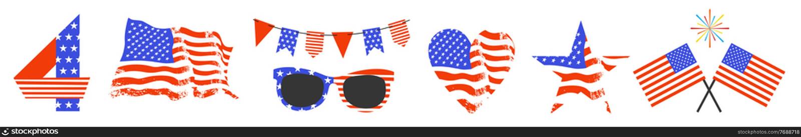 A collection of vector cliparts for creating your own festive design for Independence Day on July 4. A set of individual elements on a white background.. Happy Independence Day. A set of vector cliparts for creating your own festive design.