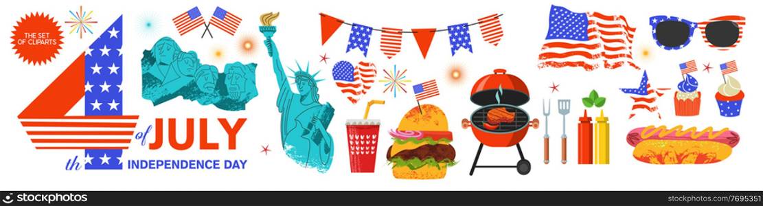 A collection of vector cliparts for creating your own festive design for Independence Day on July 4. A set of individual elements on a white background.. Happy Independence Day. A set of vector cliparts for creating your own festive design.