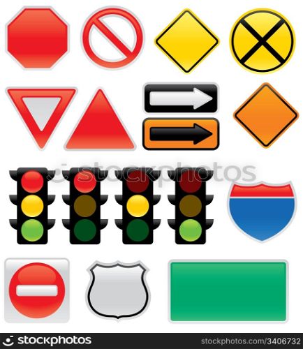 A collection of vector traffic signs and map symbols. Stop, yield, traffic lights, interstate and highway signs, one way, detour, construction sign, railroad, do not enter.