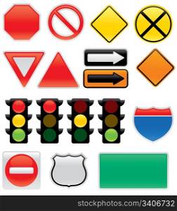 A collection of vector traffic signs and map symbols. Stop, yield, traffic lights, interstate and highway signs, one way, detour, construction sign, railroad, do not enter.