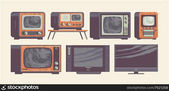 A collection of vintage and modern TVs. Vector illustration, set of icons with hand drawn vector texture.. November 21 is world television day. Vector illustration in retro style.