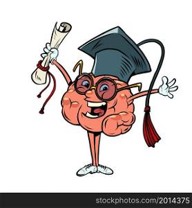 a college or university graduate with a diploma in uniform human brain character, smart wise. Comic cartoon retro vintage illustration. a college or university graduate with a diploma in uniform human brain character, smart wise