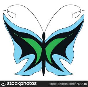 A color blue, black and green little butterfly, vector, color drawing or illustration.
