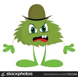 A color green angry monster with green hat, looks disgusted, open mouth, red tongue, with two teeth, vector, color drawing or illustration.