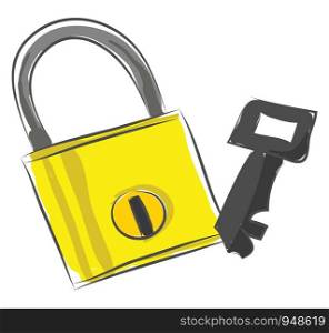 A color yellow lock and a key, vector, color drawing or illustration.