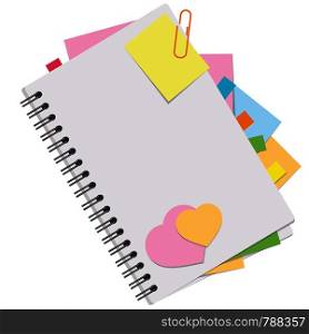 A colored picture of an open notebook with blank sheets and bookmarks between pages. Simple flat vector illustration isolated on white background.