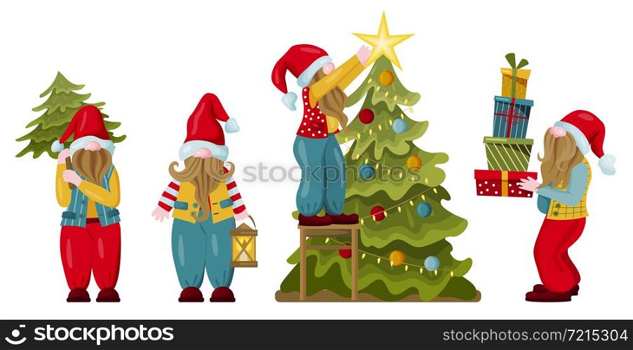 A colorful set of little gnomes. Fairy-tale characters perform various actions related to Christmas and New Year. Vector.