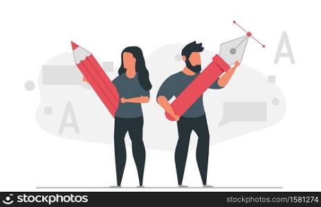 A community of designers from creative people. Woman holding pencil and man holding pen vector illustration