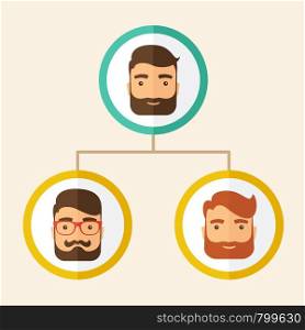 A company chart of three hipster Caucasian employees with beard ranking themselves from higher position down to the next position level, for them to know who will be the leader or the superior. Leadership, teamwork concept. A contemporary style. Vector flat design illustration isolated on white background. Square layout.. Company employees ranking position