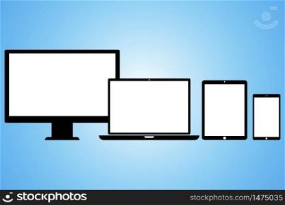 A complete set of modern office equipment from a leading manufacturer. Computer, laptop, tablet, phone on a blue background with a gradient. Vector illustration. Stock Photo.
