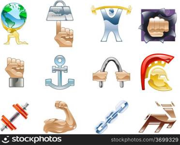 A conceptual icon set relating to strength and being strong.