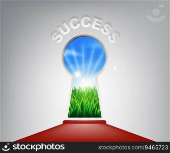 A conceptual illustration of a keyhole entrance to success opening onto a field of lush green grass. Concept for a new life or opportunity. Success Keyhole Concept