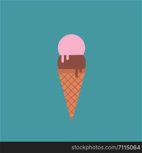 A cone of chocolate ice-cream with double scoop of chocolate and strawberry vector color drawing or illustration