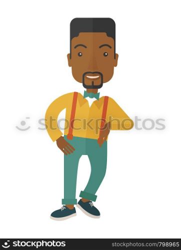 A confident black handsome man standing. A contemporary style. Vector flat design illustration with isolated white background. Vertical layout. Black man standing