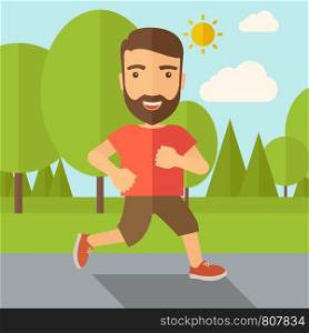 A confident hipster athlete getting ready fo a running race. Contemporary style with pastel palette, soft blue tinted background with desaturated cloud. Vector flat design illustrations. Square layout.. Confident athlete getting ready for a race.