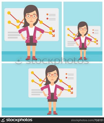 A confused business woman showing her epmty pockets on the background of a board with decreasing chart. Bankruptcy concept. Vector flat design illustration. Square, horizontal, vertical layouts.. Bancrupt business woman vector illustration.