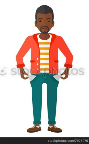 A confused businessman showing his epmty pockets vector flat design illustration isolated on white background. . Bancrupt business man.