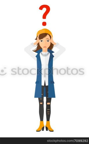 A confused woman clutching her head and a big question mark above vector flat design illustration isolated on white background. . Bankrupt clutching her head.