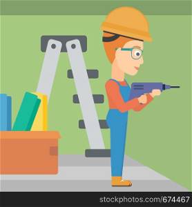 A constructor drilling a hole in the wall using a perforator vector flat design illustration. Square layout.. Constructor with perforator.