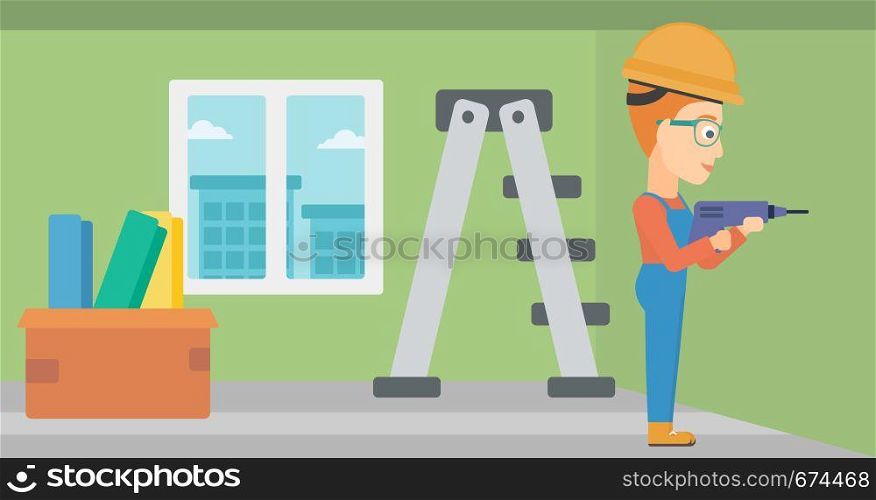A constructor drilling a hole in the wall using a perforator vector flat design illustration. Horizontal layout.. Constructor with perforator.