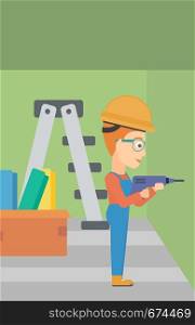A constructor drilling a hole in the wall using a perforator vector flat design illustration. Vertical layout.. Constructor with perforator.