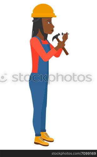A constructor hitting a nail with a hummer vector flat design illustration isolated on white background.. Woman hammering nail.
