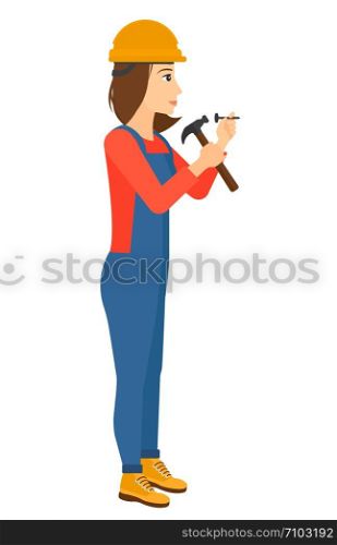 A constructor hitting a nail with a hummer vector flat design illustration isolated on white background. Vertical layout.. Woman hammering nail.
