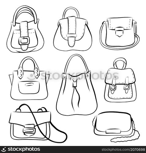A contour set of women's handbags, hand-drawn. Black outline on a white background. Vector. Doodle style.