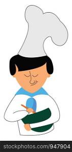 A cook wearing a cap and cooking with a green colour bowl in his hand , vector, color drawing or illustration.