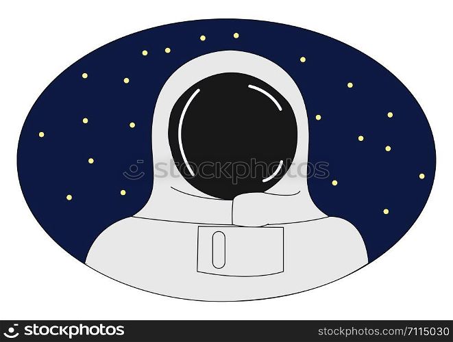 A cosmonaut fully dressed in dark and open sky full of stars in it , vector, color drawing or illustration.