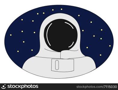 A cosmonaut fully dressed in dark and open sky full of stars in it , vector, color drawing or illustration.