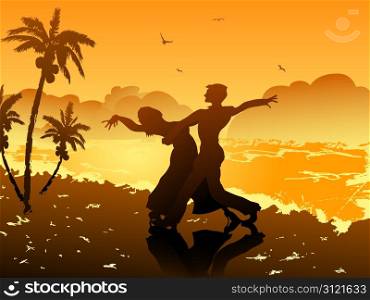 a couple dancing on the beach at sunset