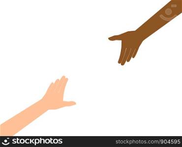 A couple hands reaching for each other isolated on white background