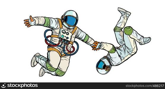 a couple in love, astronauts holding hands. Pop art retro vector illustration kitsch vintage. a couple in love, astronauts holding hands