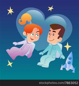 A couple in love, man and woman astronauts in space on the background of hearts next to them a space ship