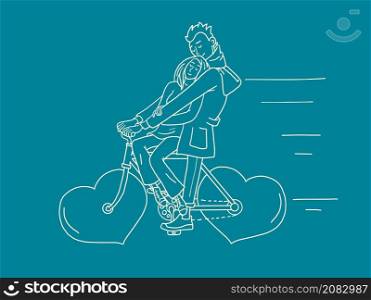 a couple in love rides a bicycle, a red valentine heart instead of wheels. Valentines day. Comic Cartoon Kitsch Vintage Hand Drawing Illustration. a couple in love rides a bicycle, a red valentine heart instead of wheels. Valentines day