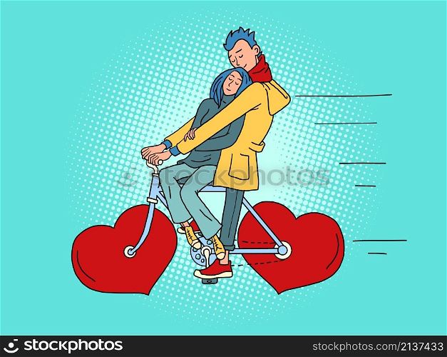 a couple in love rides a bicycle, a red valentine heart instead of wheels. Valentines day. Comic Cartoon Kitsch Vintage Hand Drawing Illustration. a couple in love rides a bicycle, a red valentine heart instead of wheels. Valentines day
