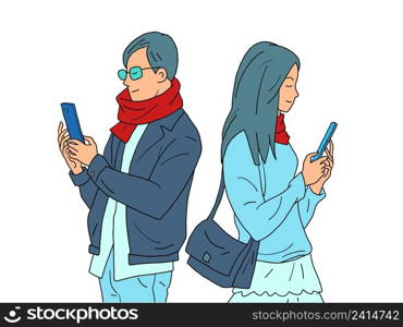 a couple of a man and a woman with phones, dependence on online social networks. Comic Cartoon Kitsch Vintage Hand Drawing Illustration. a couple of a man and a woman with phones, dependence on online social networks