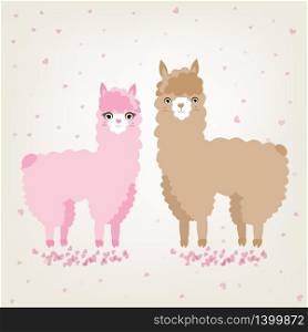 A couple of cute animals llama and alpaca in love standing on a pink hearts background. Vector illustration for valentines card wedding invitation. A couple of cute animals llama and alpaca in love
