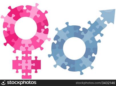 A couple of Male Female gender sex symbols as red and blue jigsaw puzzle pieces.