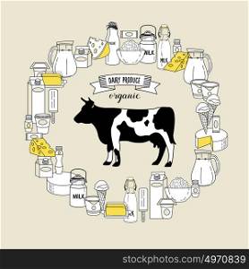 A cow and a large set of dairy products oriented in a circle. Vector illustration of healthy food, organic products.