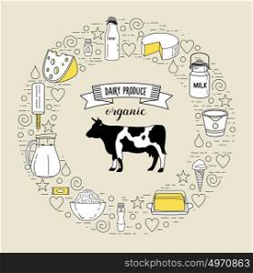 A cow and a set of healthy dairy products oriented in a circle. Healthy eating, organic products. Vector illustration.