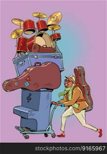A creative man goes on a journey taking with him a lot of musical instruments. A worker in the music industry is preparing for a tour. Comic cartoon pop art retro vector illustration hand drawing. A creative man goes on a journey taking with him a lot of musical instruments. A worker in the music industry is preparing for a tour.