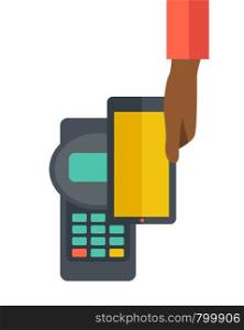 A credit card machine and smartphone as use for internet shopping. A contemporary style. Vector flat design illustration with isolated white background. Vertical layout. Internet shopping with smartphone