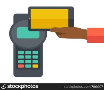 A credit card machine and smartphone as use for internet shopping. A contemporary style. Vector flat design illustration with isolated white background. Square layout.. Internet shopping with smartphone